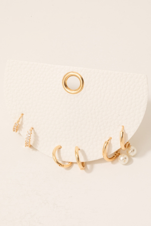 Pearl Charm And Rhinestones Mixed Hoop Earrings Set