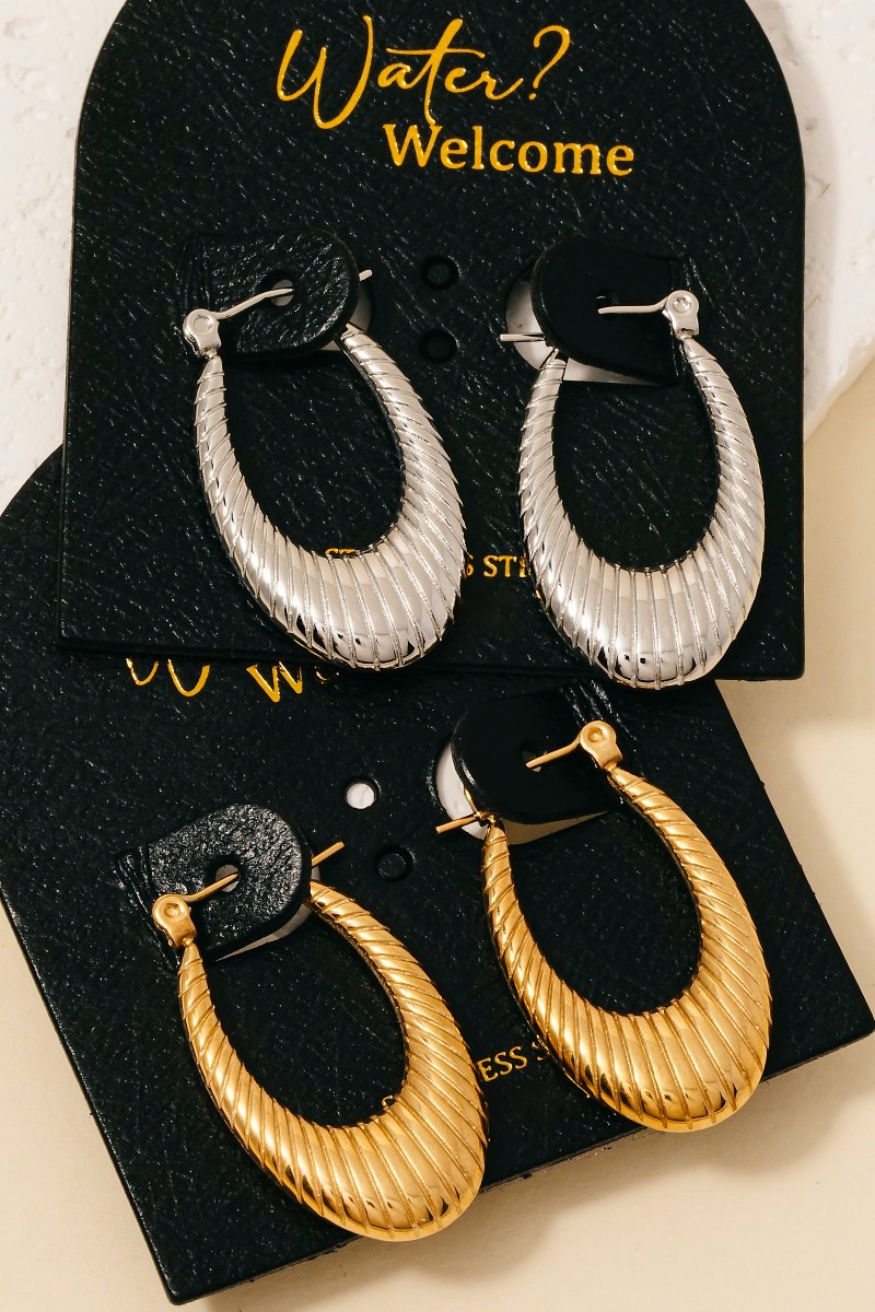 Stainless Steel Ridged Oval Latch Hoop Earrings