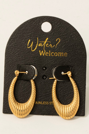 Stainless Steel Ridged Oval Latch Hoop Earrings
