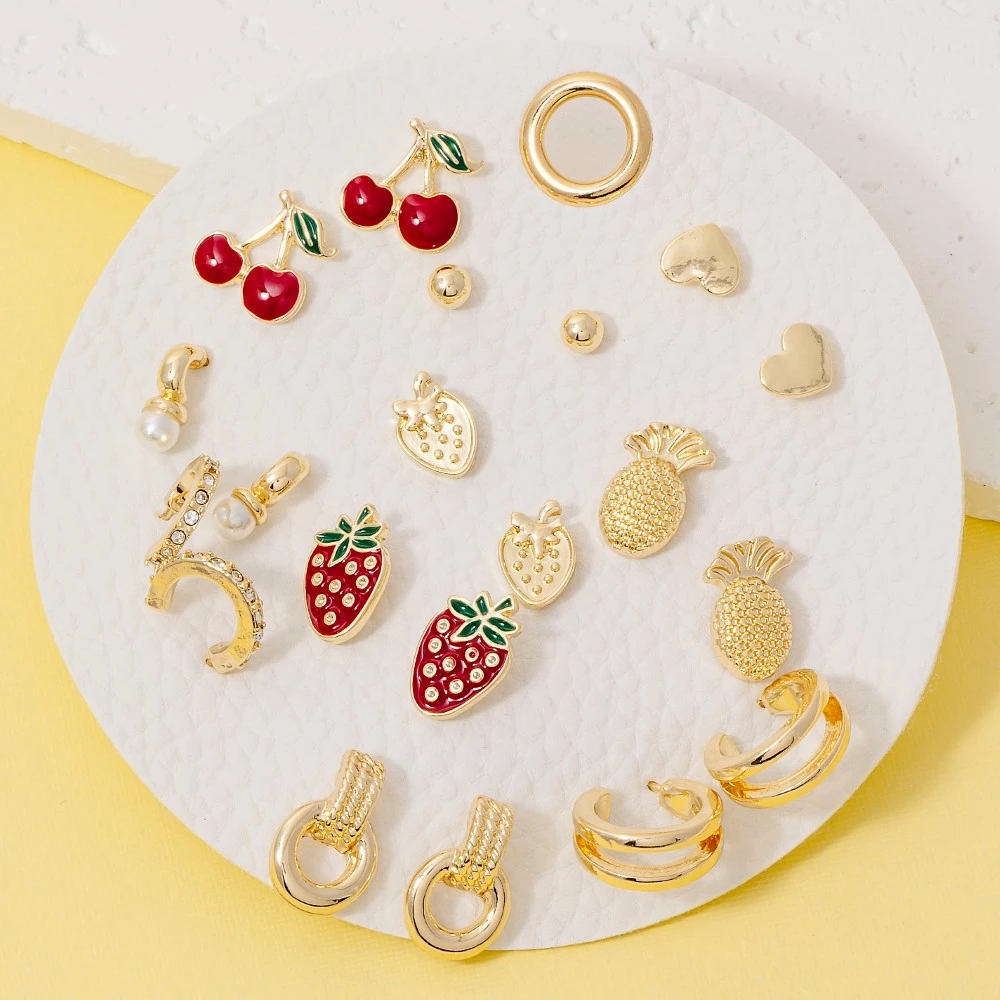 10Pc Enamel Metallic Fruit Stud And Hoop Earrings Set