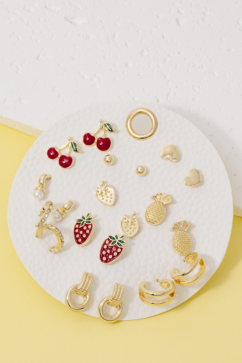 10Pc Enamel Metallic Fruit Stud And Hoop Earrings Set