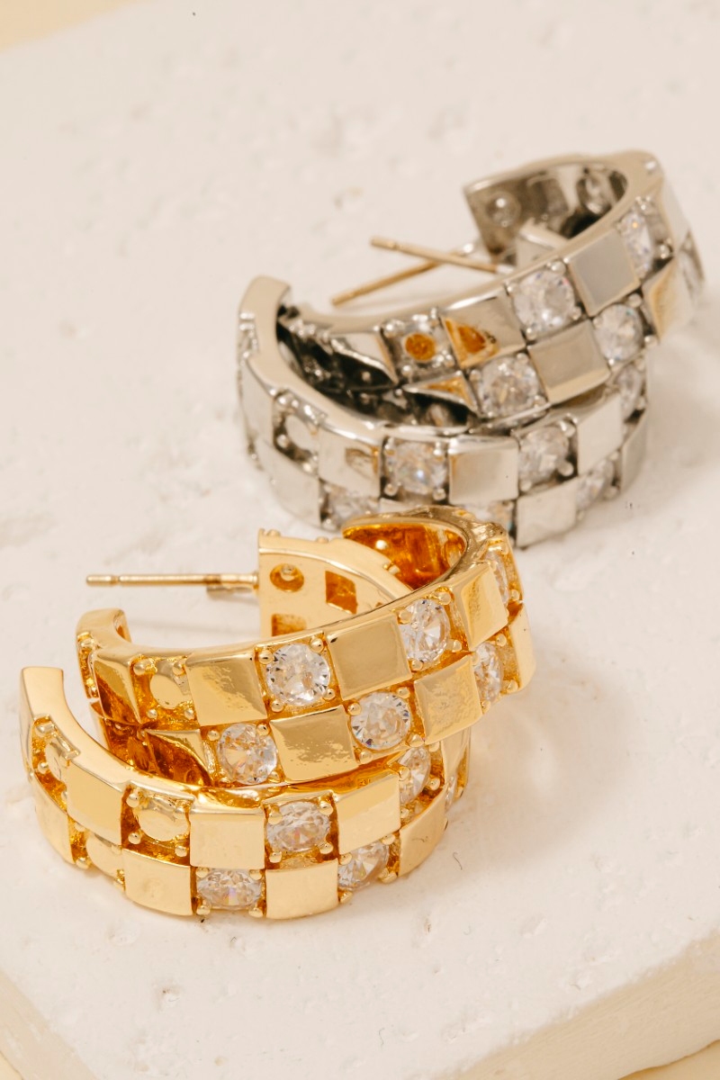 Cz Checkered Pattern Hoop Earrings
