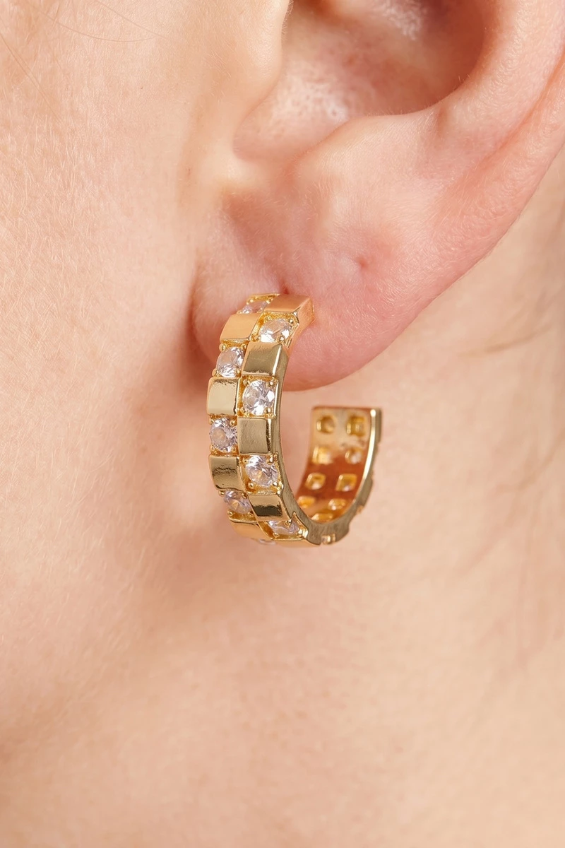 Cz Checkered Square Pattern Hoop Earrings