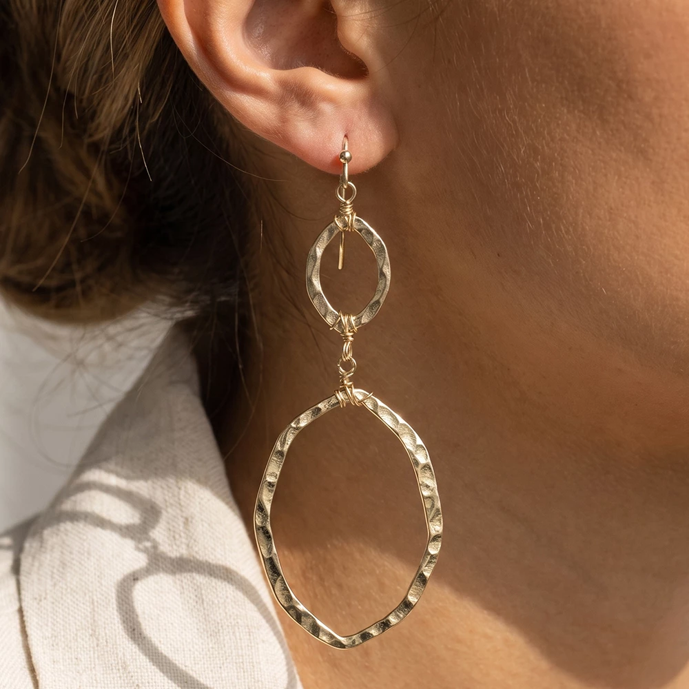 Hammered Circle And Oval Link Drop Earrings