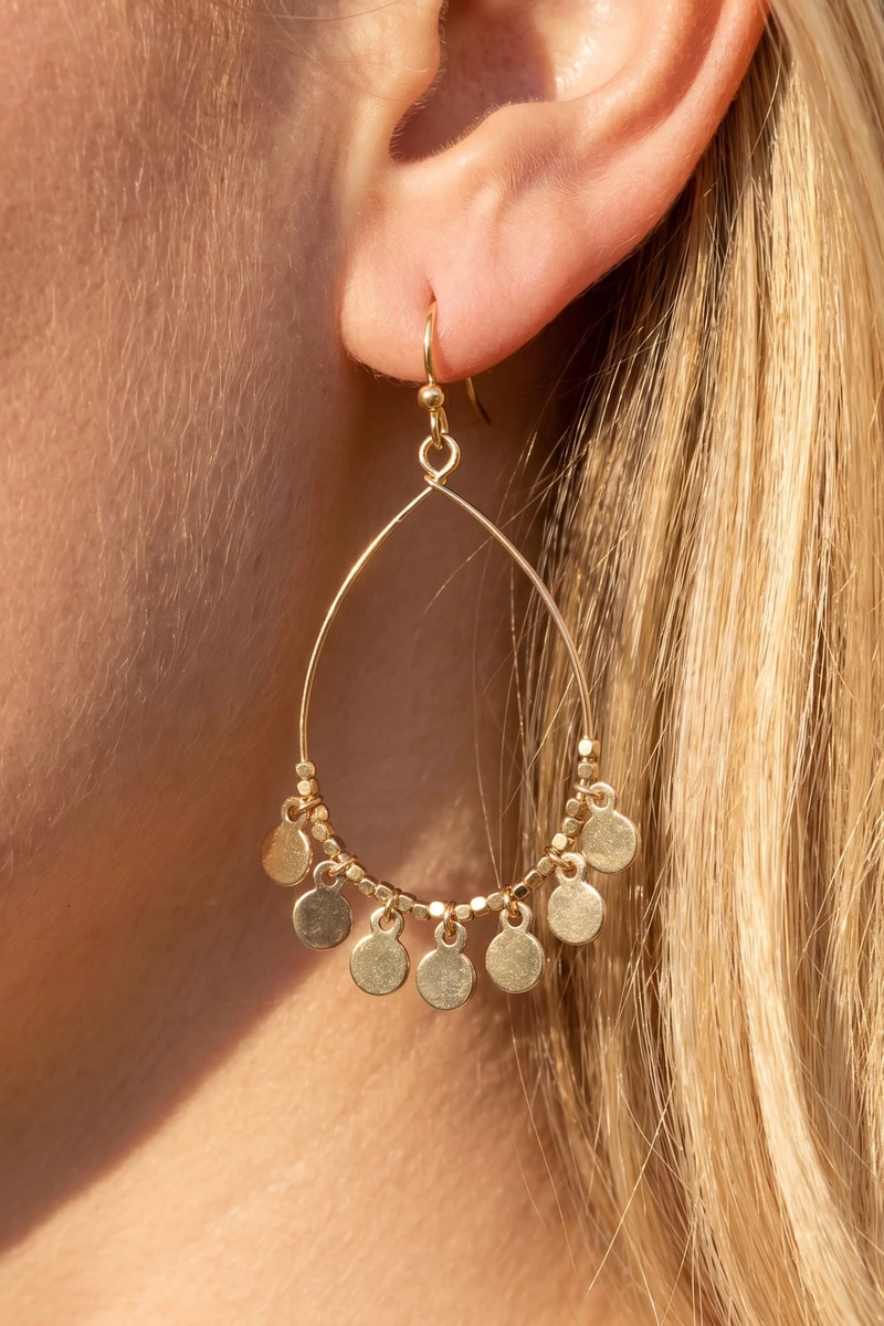 Teardrop Wire Hoop With Coin Disc Charm Earrings