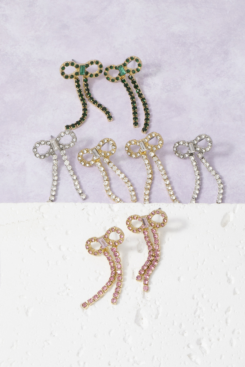 Rhinestone Pave Bow Drop Crystal Tassel Earrings