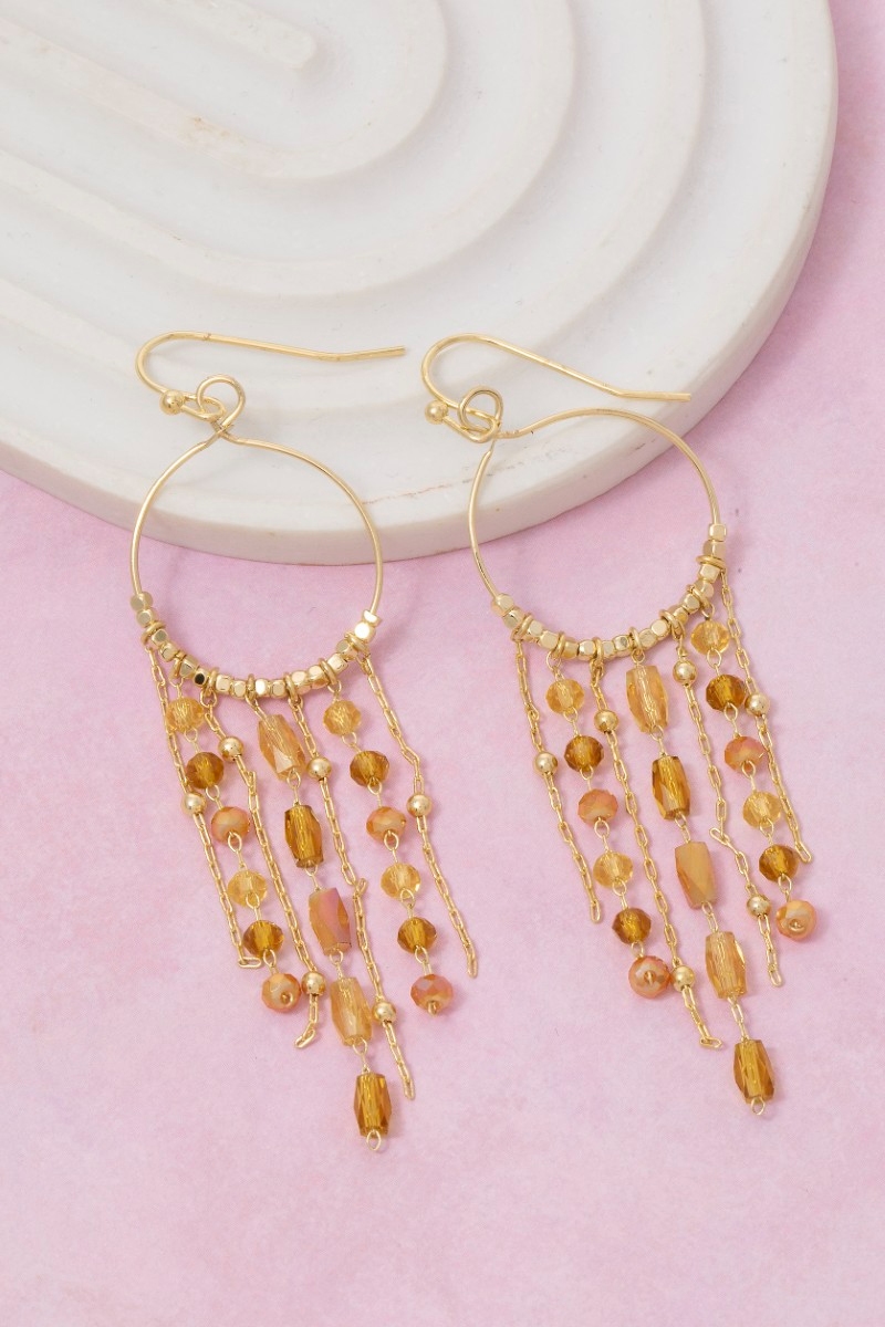 Mixed Glass Beaded Fringe Hoop Dangle Earrings