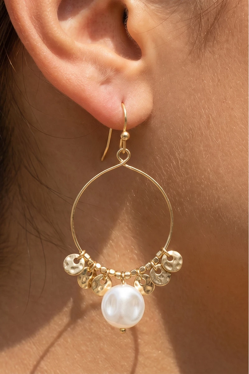 Pearl And Disc Charm Hoop Earrings
