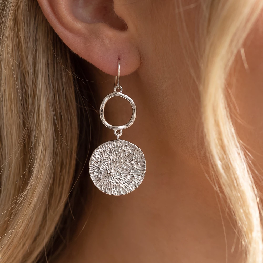 Textured Disc And Open Ring Fish Hook Earrings