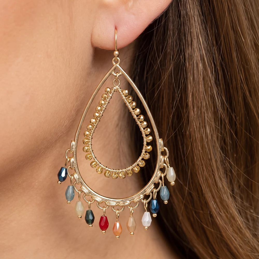Beaded Open Teardrop Fringe Fish Hook Earrings