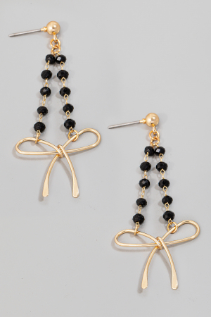 Beaded Chain Ribbon Bow Charm Dangle Earrings