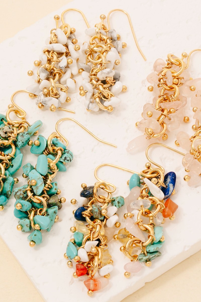 Pebble Stone Beaded Fringe Dangle Earrings