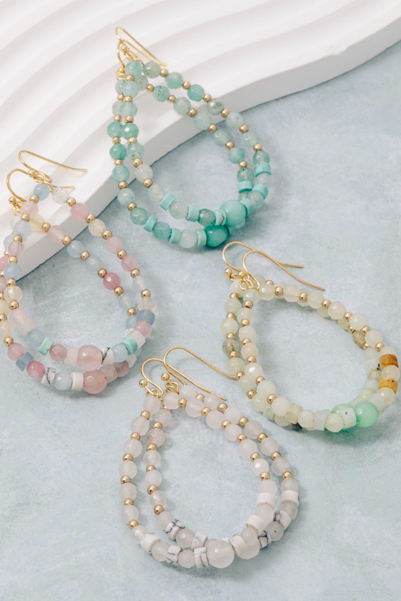 Semi Precious Stone And Metallic Beaded Tear Dangle Earrings