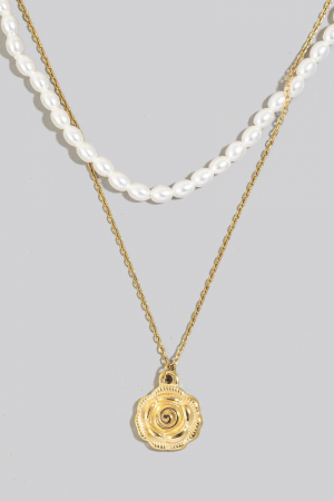 Stainless Steel Flower Coin Pendant Pearl Beaded Necklace