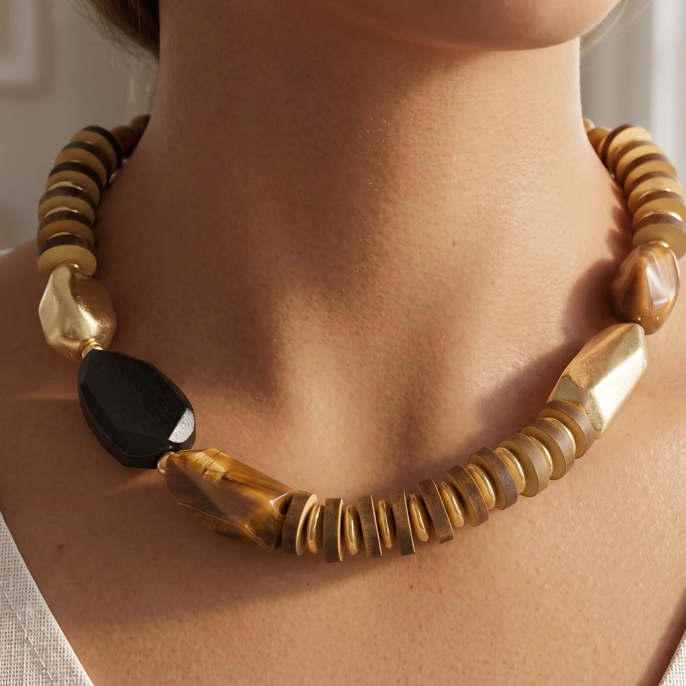 Mixed Material Wood Bead Statement Necklace