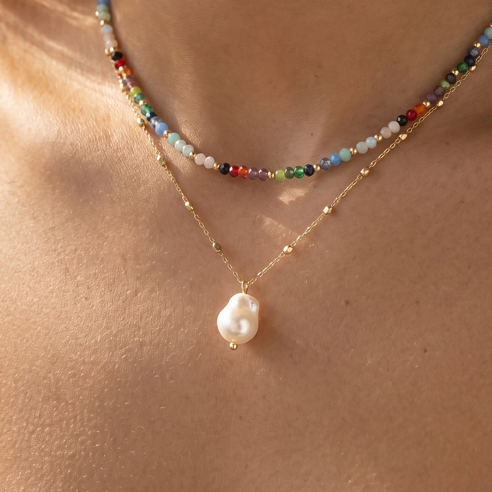 Two Layer Glass Bead Necklace With Pearl Drop