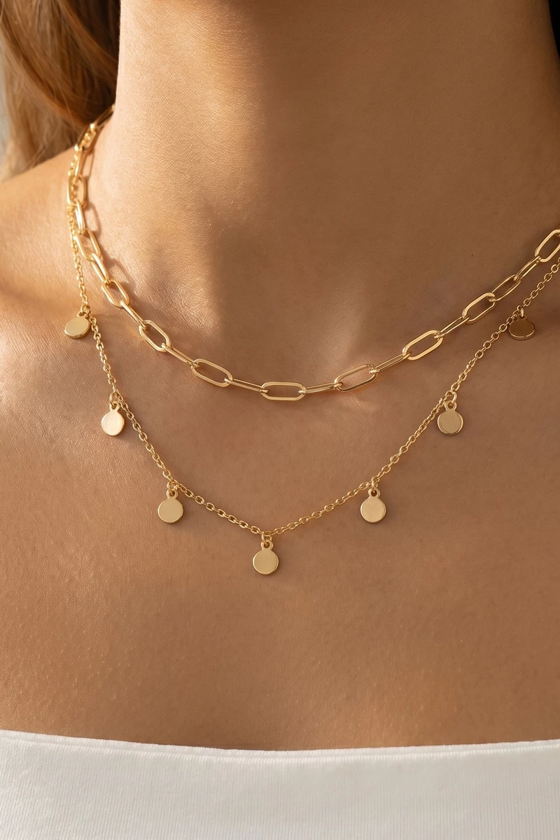Layered Paperclip Disc Charm Necklace