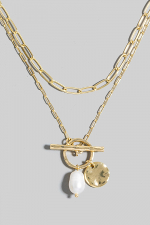 Paperclip Toggle Chain Disc Pearl Necklace