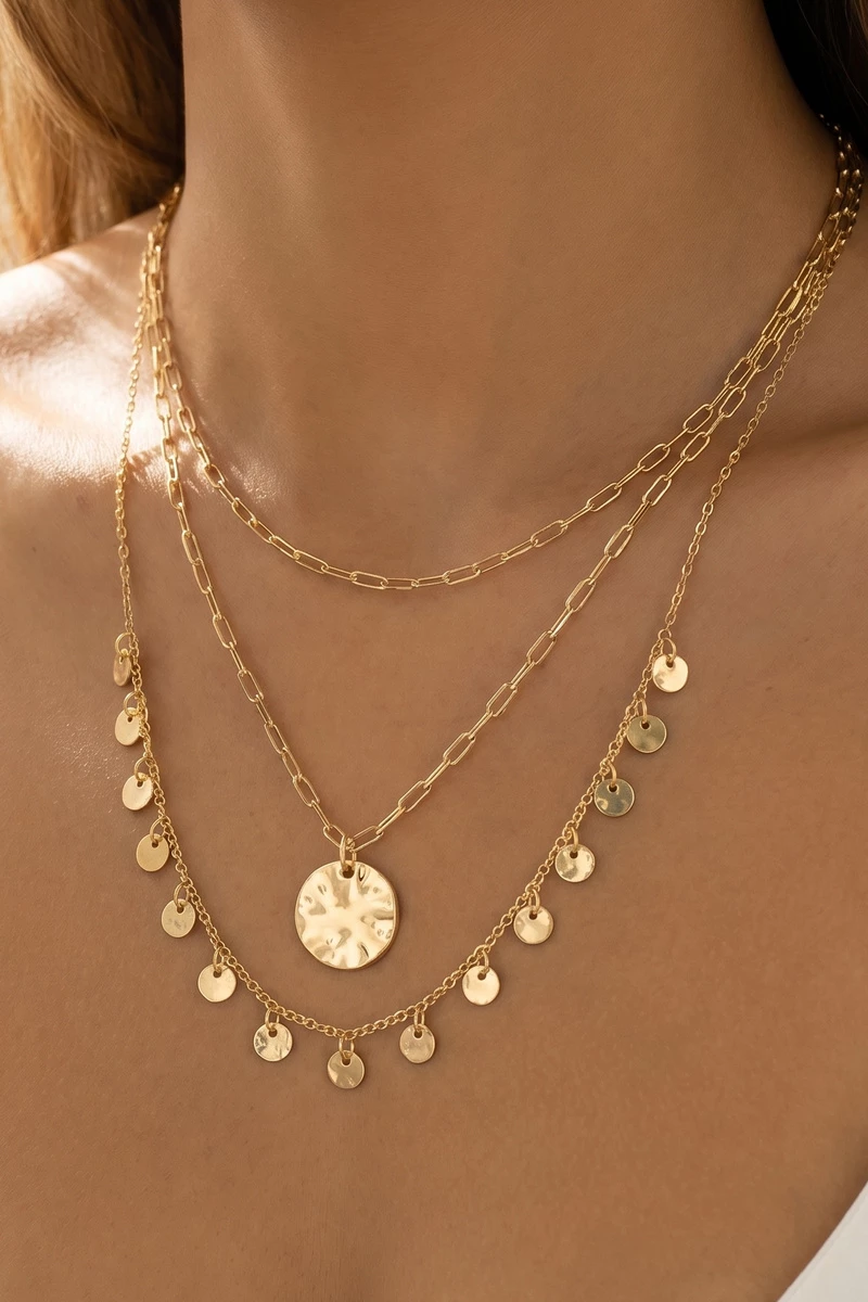 Triple Layer Hammered Coin Disc Necklace