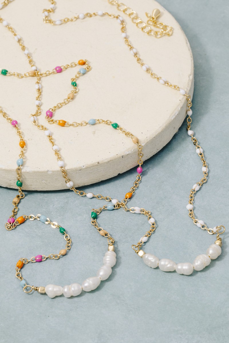 Enamel And Pearly Beaded Row Dainty Chain Necklace