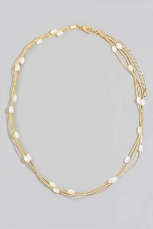 Pearl Station Beaded Layered Chains Necklace