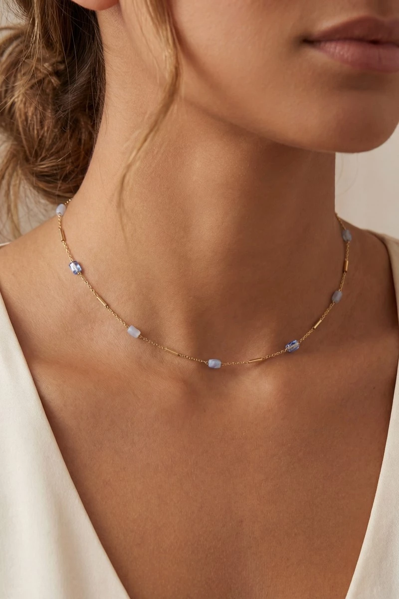 Bar And Faceted Gem Station Chain Necklace