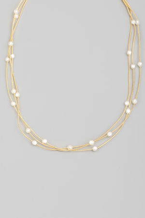 Layered Pearly Beaded Metallic Rope Chain Necklace