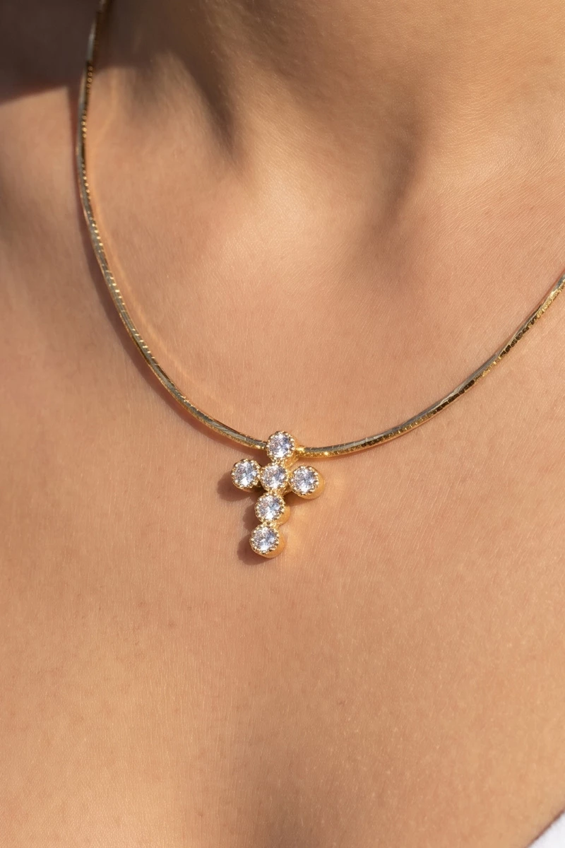 Cz Cross Pendant Herringbone Chain Necklace