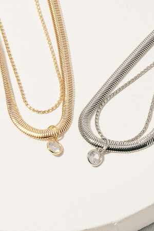 Round Cz Pendant Layered Chains Necklace
