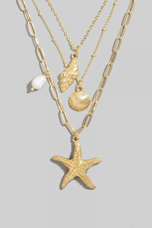 Mixed Sea Shells And Pearl Charms Layered Chain Necklace