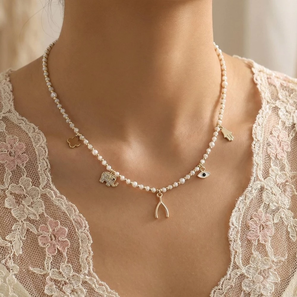 Cz Elephant Wishbone Clover And Hamsa Charms Beaded Necklace