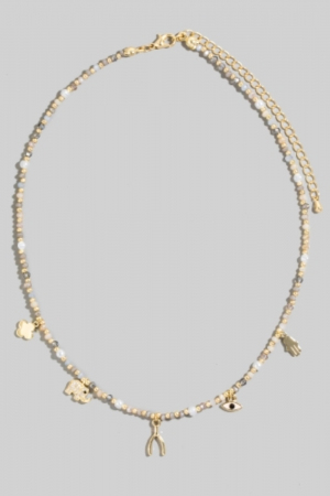 Cz Elephant Wishbone Clover And Hamsa Charms Beaded Necklace