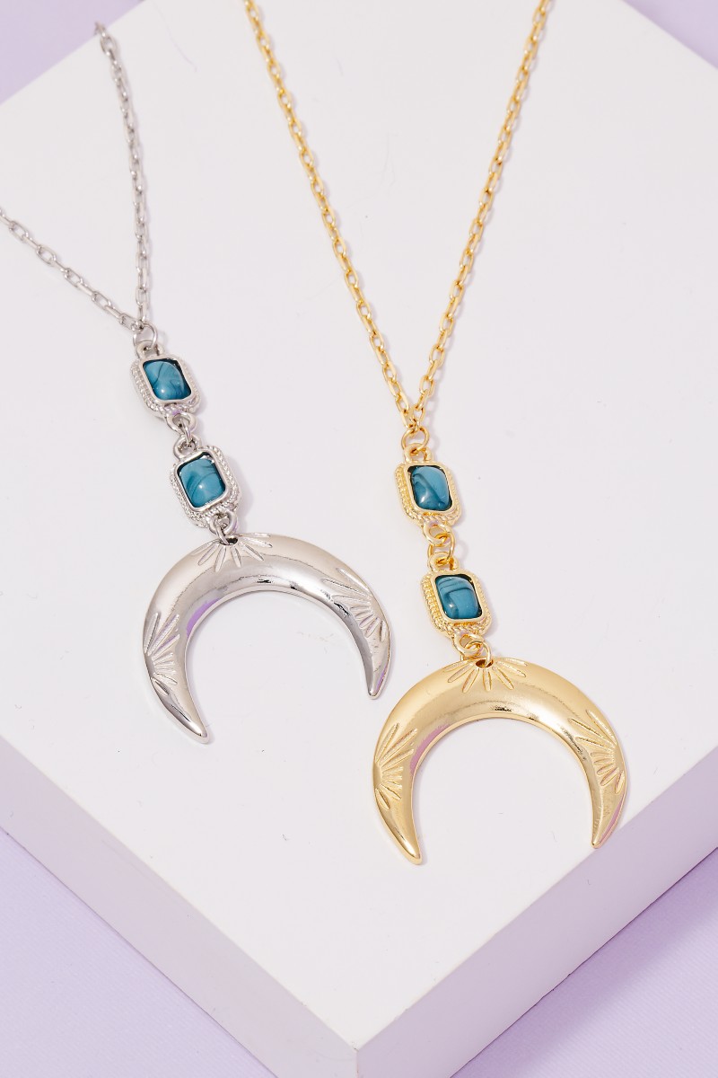 Western Turquoise And Crescent Pendant Long Chain Necklace