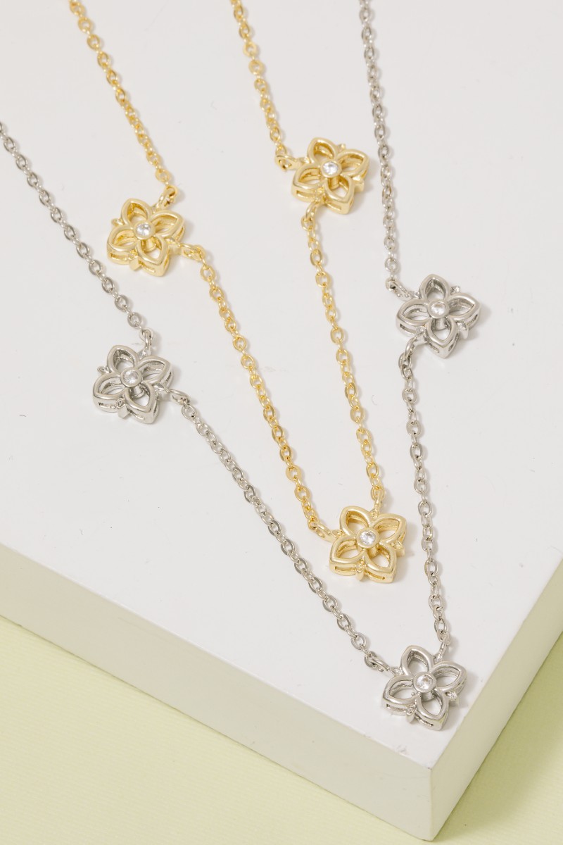 Cubic Zirconia Triple Flower Station Chain Necklace