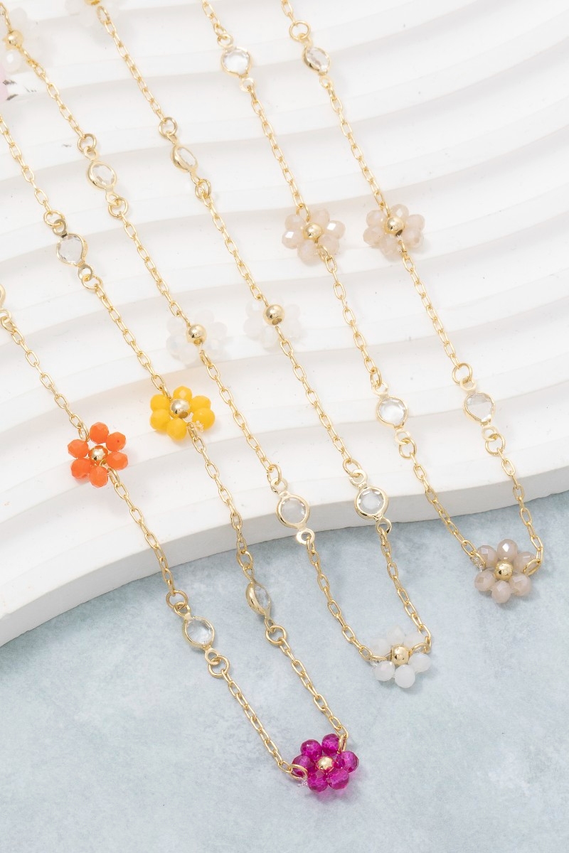 Faceted Beaded Flower Station Charms Beaded Necklace