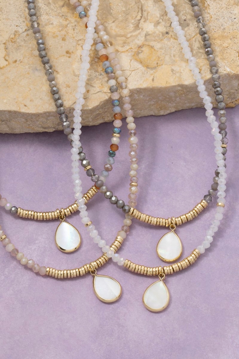 Mother Of Pearl Tear Charm Faceted Beaded Necklace