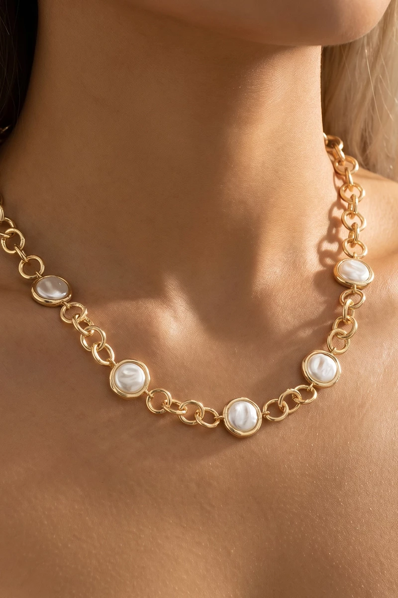 Coin Pearl Station Link Chain Necklace