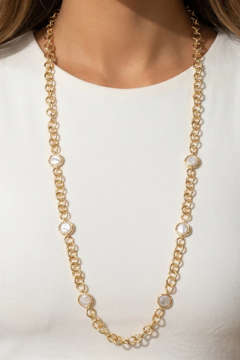 Long Coin Pearl Link Chain Necklace