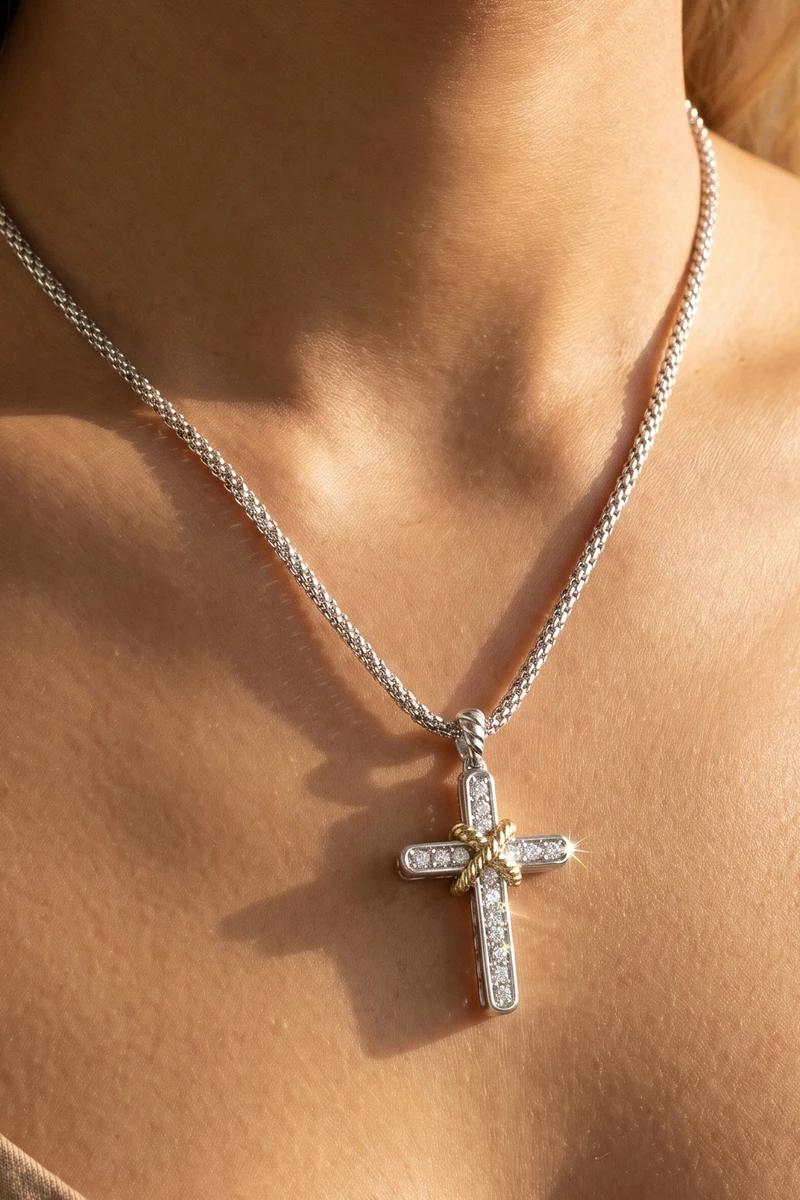 Two Tone Cz Cross Pendant Necklace