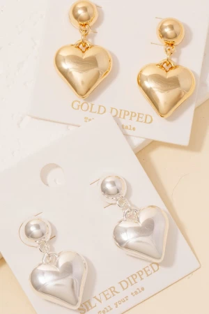Gold Dipped Rounded Heart Dangle Earrings