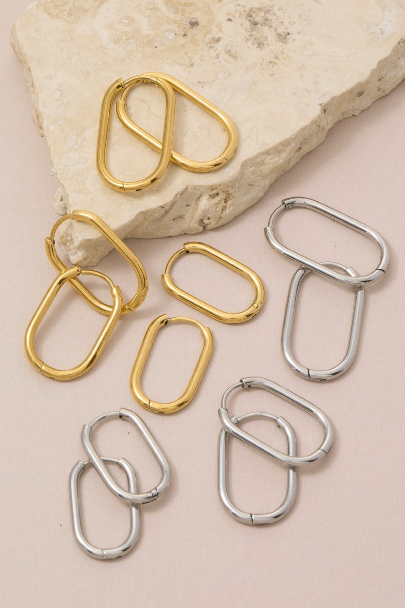 Stainless Steel Oval Hinge Hoop Earrings Set