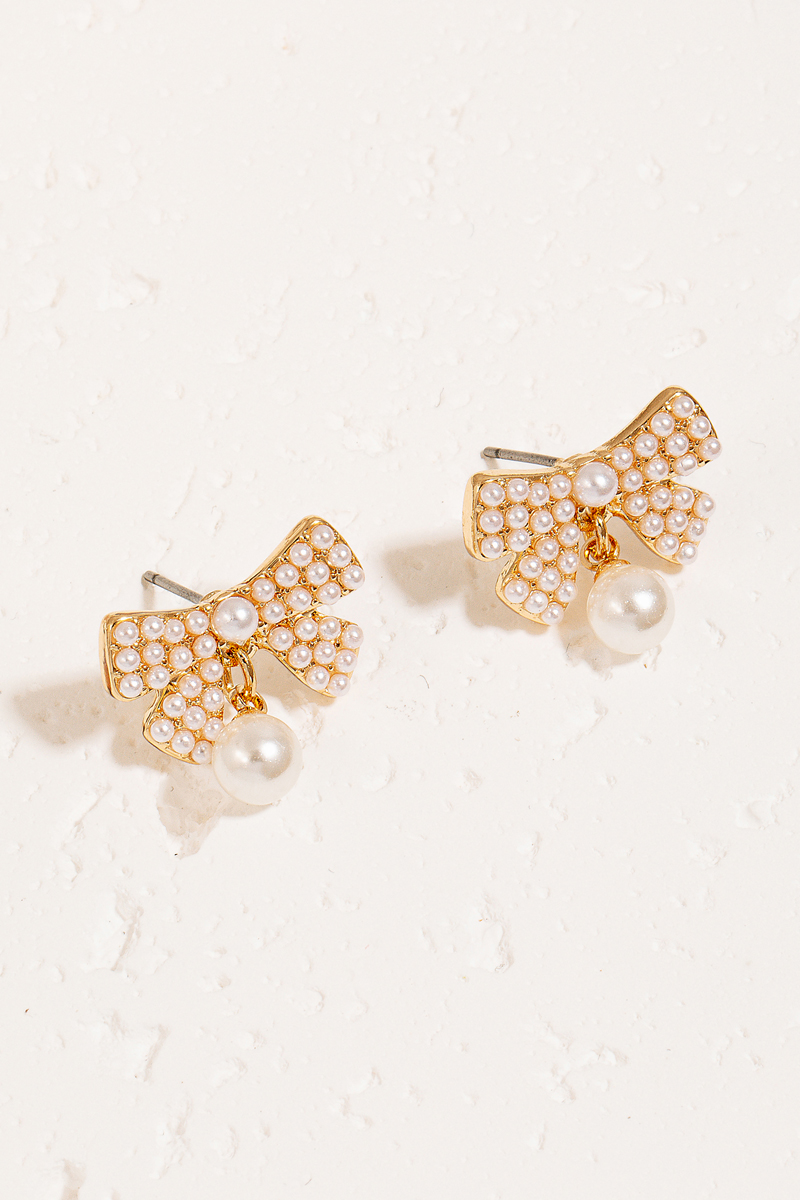 Pearl Pave Ribbon Bow Stud Earrings