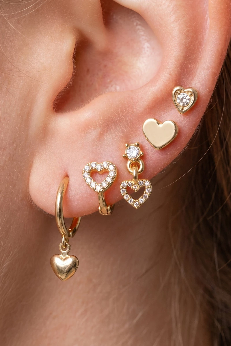 Cz Heart 5 Piece Stud And Drop Earring Set