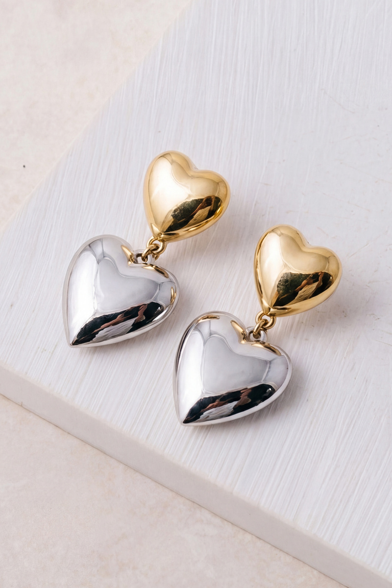 Two Tone Double Puffy Heart Drop Earrings