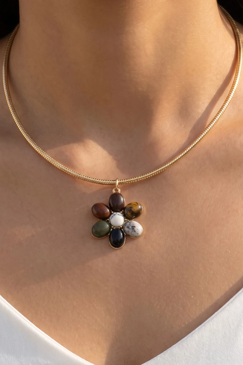 Semi Precious Stone Flower Pendant Necklace