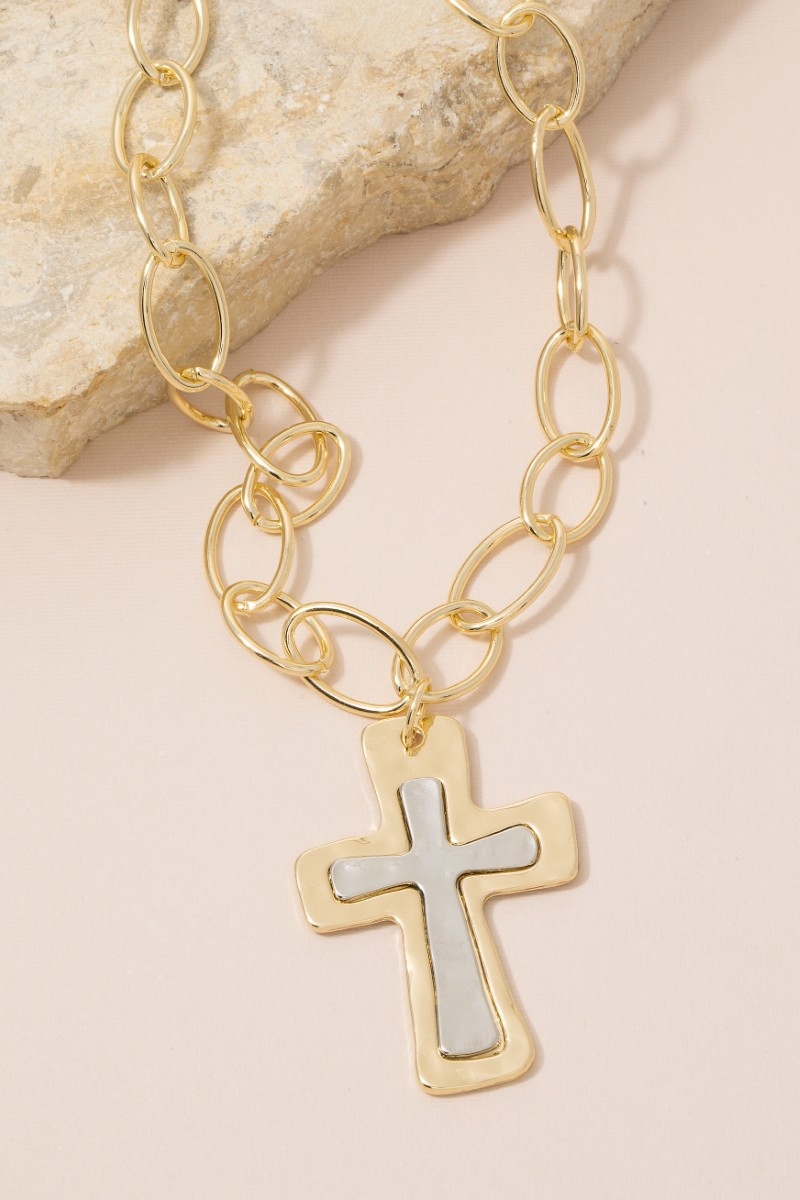 Flat Hammered Cross Pendant Necklace