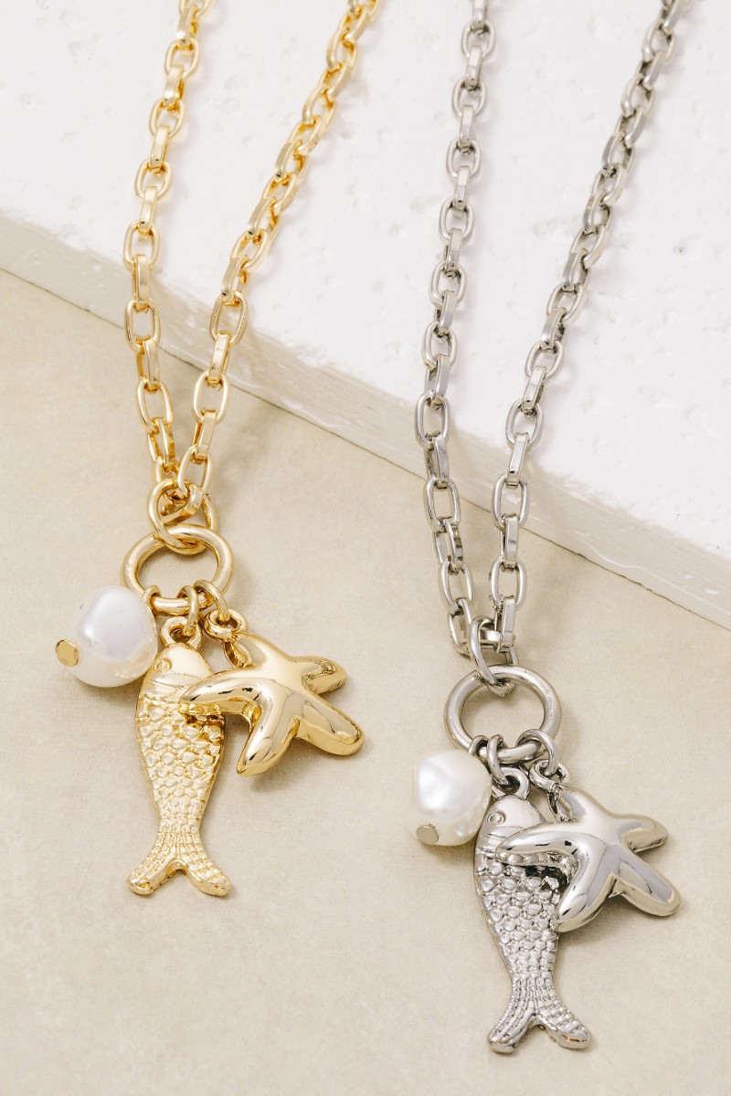 Fish Pearl And Starfish Pendants Necklace