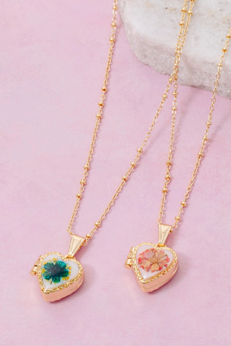 Pressed Flower Heart Locket Pendant Necklace