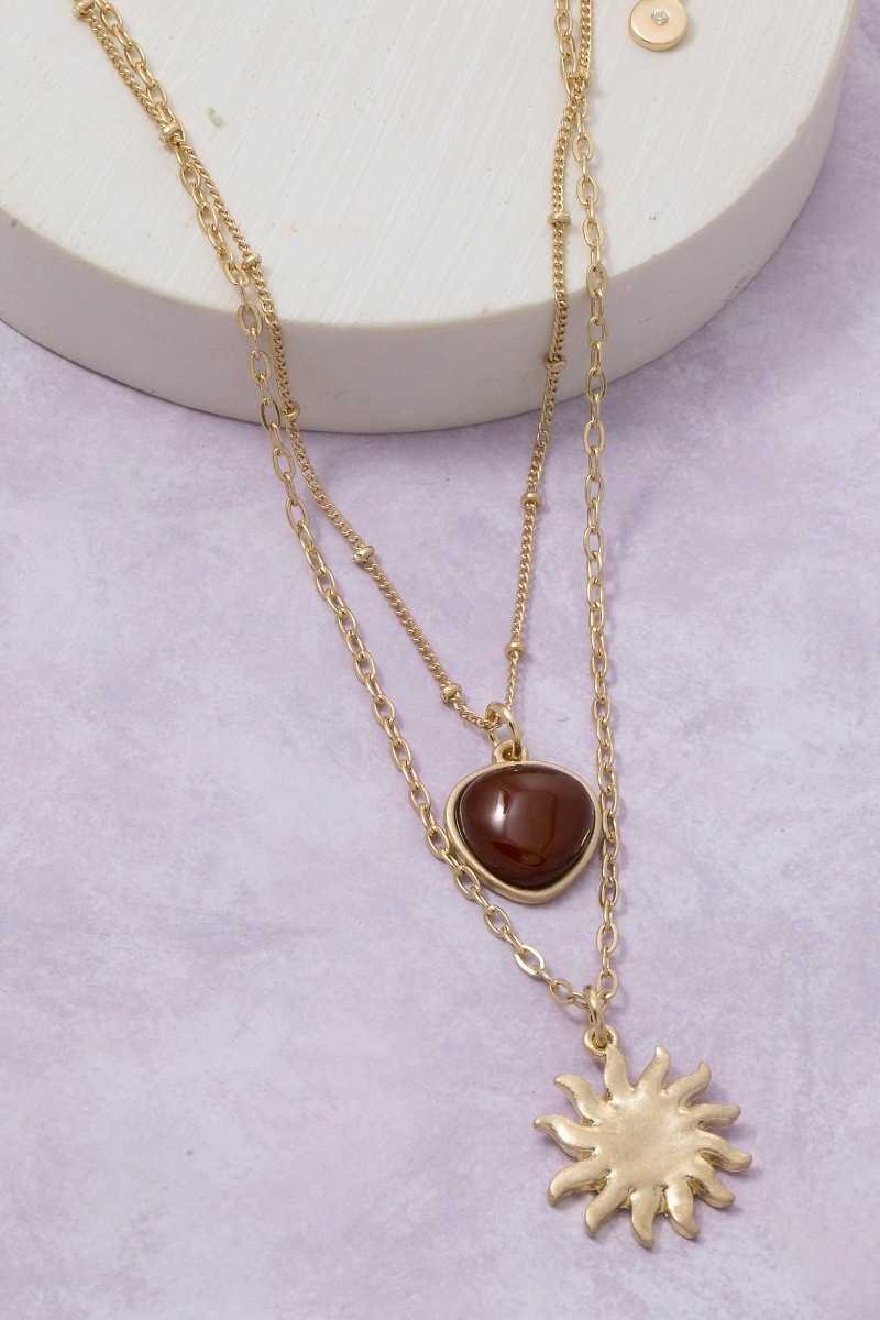 Stone And Sun Pendants Layered Chains Necklace