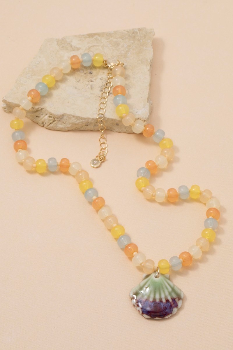 Ceramic Sea Shell Pendant Colorful Beaded Necklace